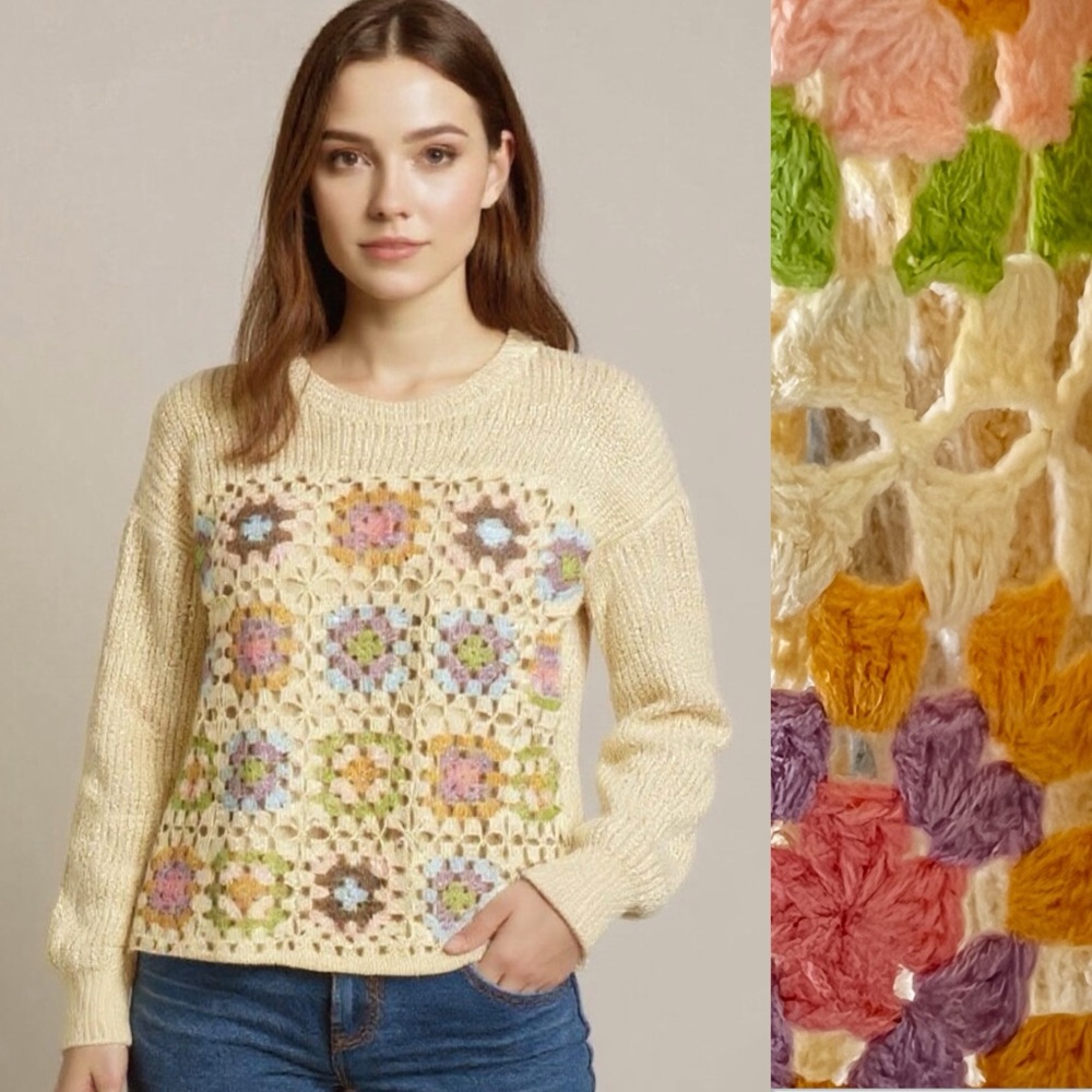 Square Dance Granny Square Dahlia Crochet Bohemian Grandmacore Sweater Small
